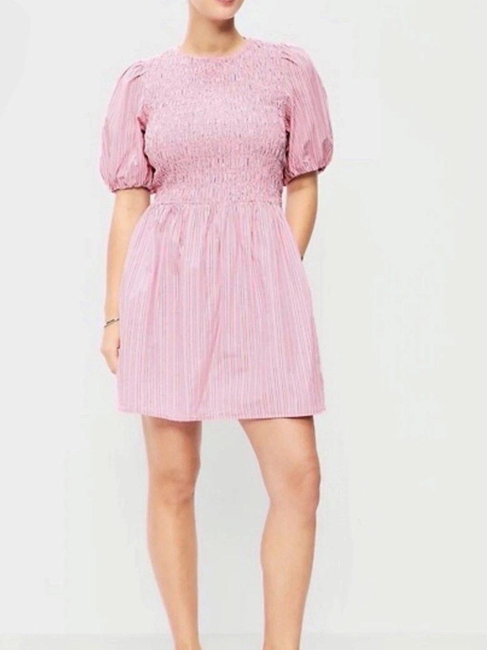 Old Navy Smocked Puff-Sleeve Flare Mini Dress Pink & White Medium